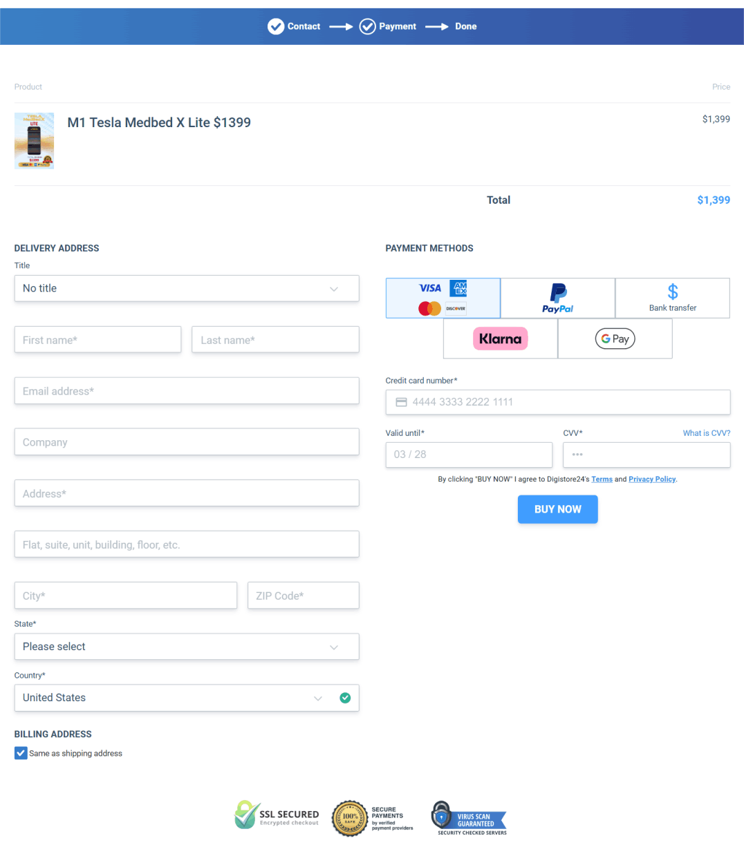 Tesla MedBed X checkout page